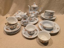 Vintage Porcelain Childs Tea Party Set 20pc Teapot Cups Saucers Plates Fall Leaf