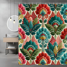 Boho Floral Leaf Print Shower Curtain, Colorful Botanical Pattern