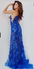 Jovani 02895 blue sequin floral one-shoulder mermaid long formal gown size 8