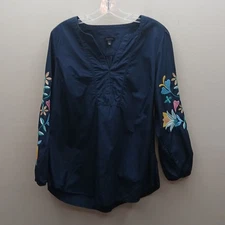 Talbots Curved Hem Floral Embroidered Long Sleeve Poplin Blouse Top Blue Large