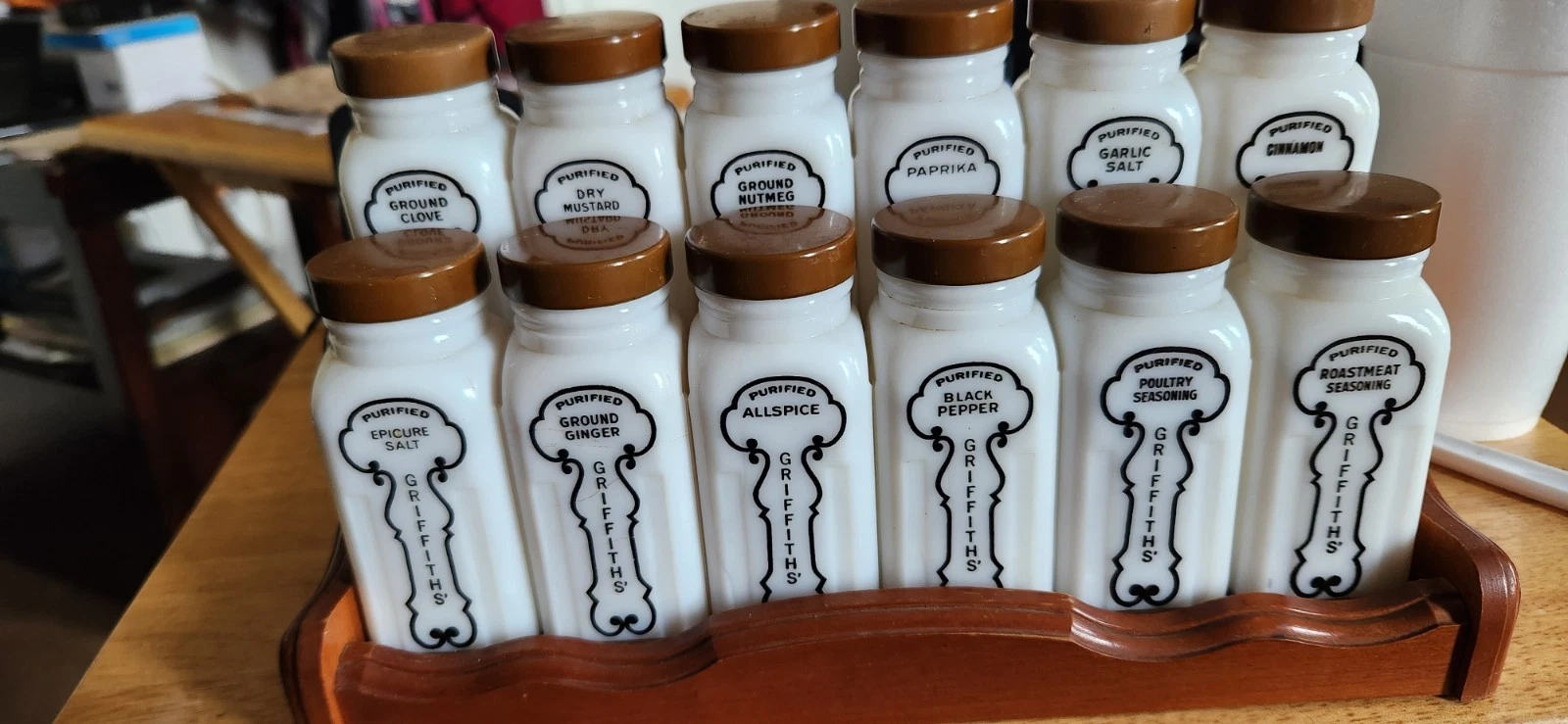 Vintage Griffith's Set Of 12 Milk Glass Spice Jars Brown Lids With Rack