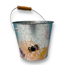 Tin Halloween Bucket with Wooden Handle Fall Decor Candle Holder