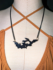 Black Bat Charm Pendant Necklace Metal Cable Chain Halloween Animal Gothic Theme
