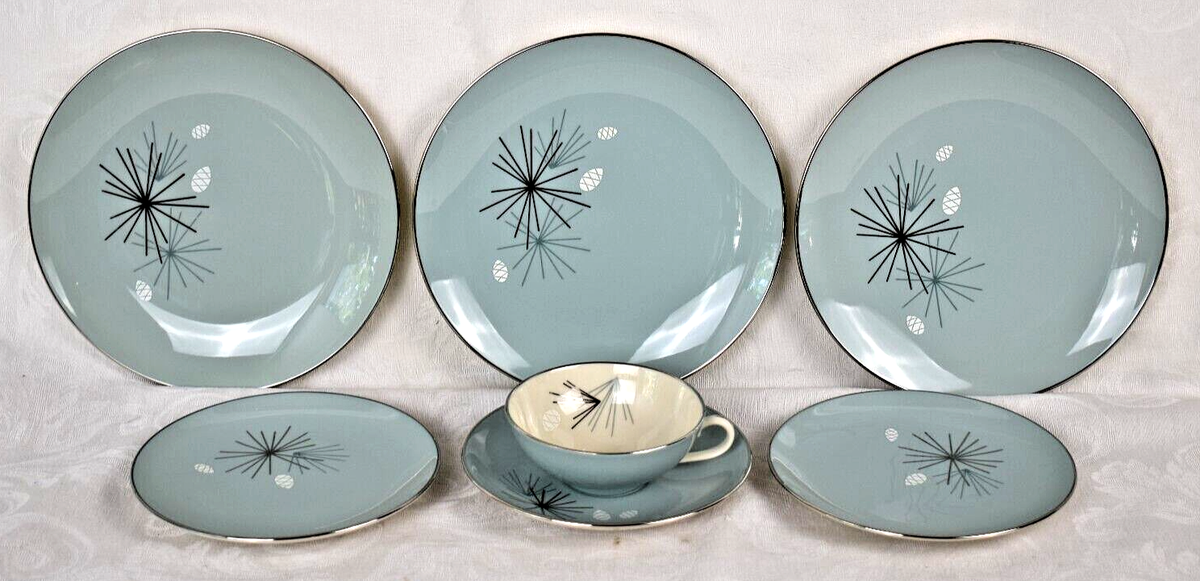 Silver Pine MCM Franciscan 1957 China Bread Plates Luncheon Cup, Saucer  pc Lot