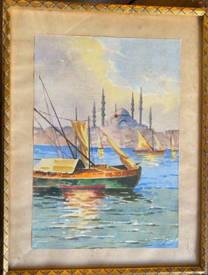 ::WATERCOLOUR PAINTING INDISTINCT.SIGN.FISHING BOATS ON THE BOSPHORUS WITH SILHOUETTE ISTANBULS