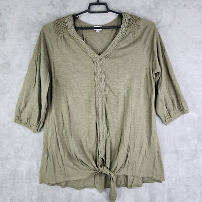 Womens Olive Green AVENUE Blouse Shirt 3/4 Sleeve Embellished V Neck Size 18/20