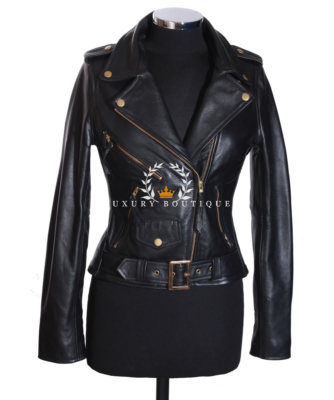 Ladies Brando Black Gold Zip Ladies Biker Style Cowhide Leather Fashion Jacket
