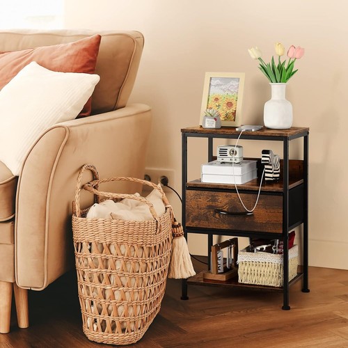 Brown End Table Nightstand with with USB & AC Ports , Side Table Storage Drawer - 第 1/8 張圖片