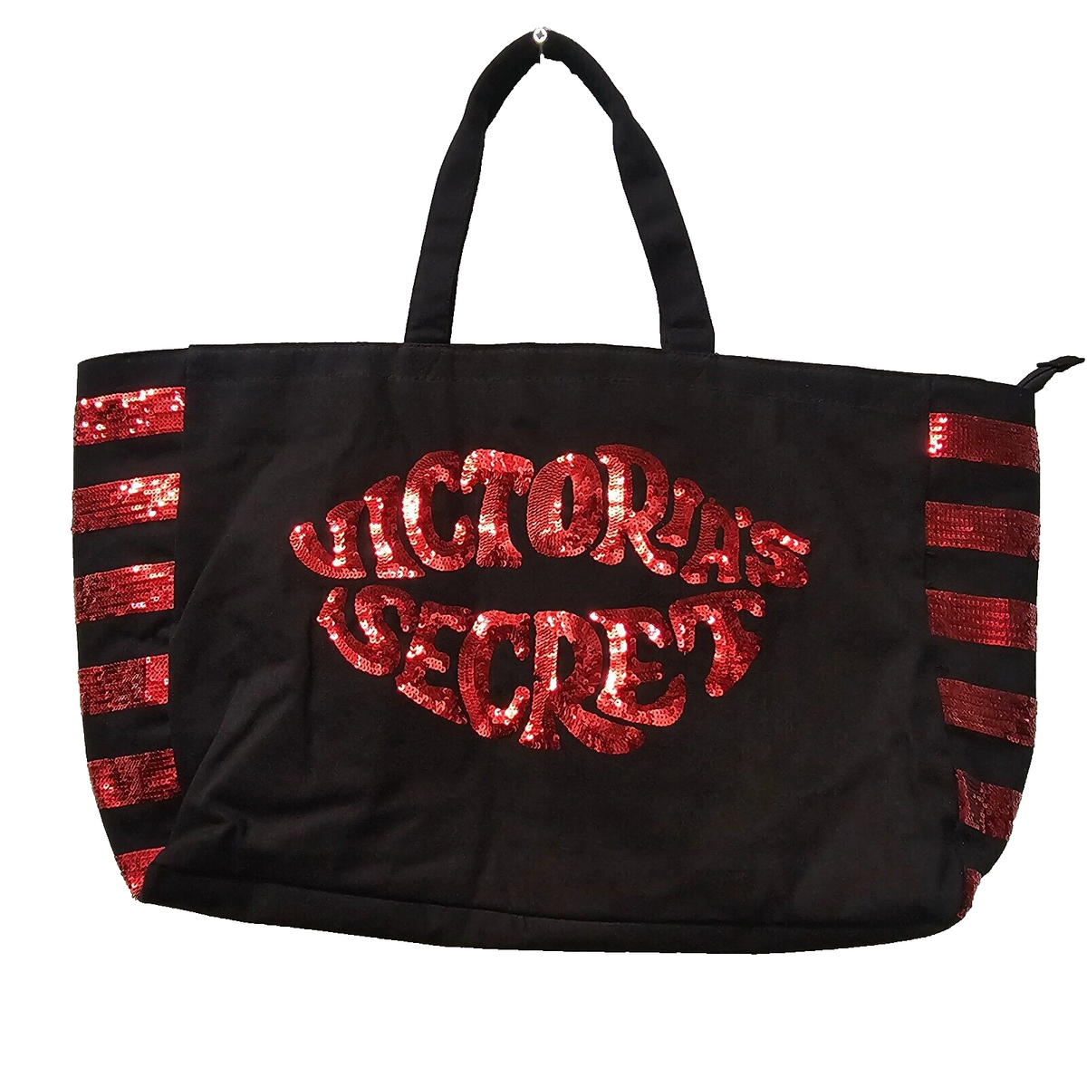 Victoria's Secret Black Canvas Red Sequin Lips Weekender Travel