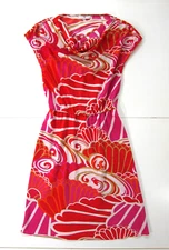 Natori Pink Orange White Geometric Cap Sleeve Tent A-Line Sheath Tunic Dress S