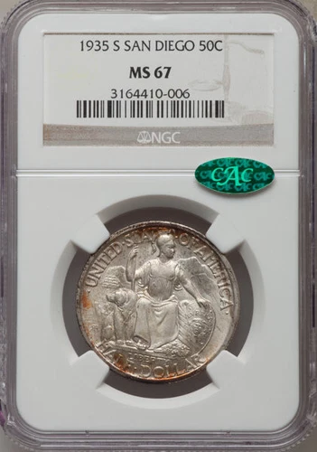 San Diego 1935-S 50c Commem NGC MS-67 CAC Sharp Strike Golden Rim Toning !