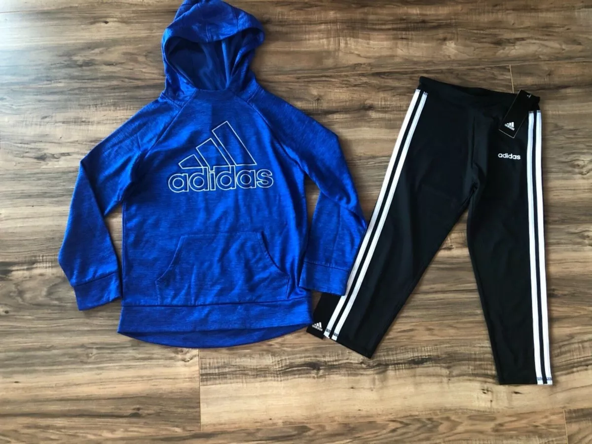 Adidas girl tech fleece hoodie/leggings outfit set Blue size M (10-12) NWT