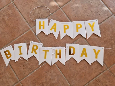 BANDEROLE BANNIERE HAPPY BIRTHDAY - JOYEUX ANNIVERSAIRE OR ET BLANC - Photo 1/2