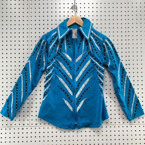 NEW Vintage Rods Womens Judge Eyes Blouse Blue White Black Gemstone Sz Small $69 - Afbeelding 1 van 17