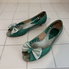 Guillaume Hinfray Buty damskie Vintage Obcasy Płaskie Zielone Tkane Skórzane kokardki