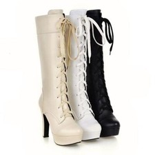 Women's Platform Knee High Heels Boots Lace Up Block Heels Shoes