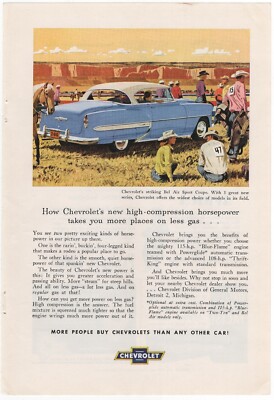 1953 Print-ad, Chevrolet Bel Air Sport Coupe w Blue-Flame Engine & Powerglide
