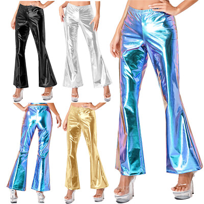Women Shiny Metallic Flared Pants Disco Dance Ruffle Bell Bottom Flared  Trousers