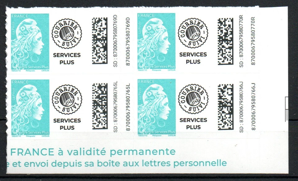 France bloc de 4 coin de feuille adhésif service plus turquoise Marianne Engagée - Photo 1/1