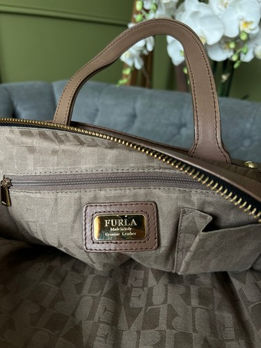 Furla Amazzone Bag Taupe brown leather Expandable Handbag Stud Zip Detail - Picture 13 of 17