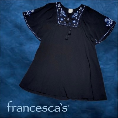 Blue Rain Francesca's Peasant Top Women Embroidered Floral Tassel Black M