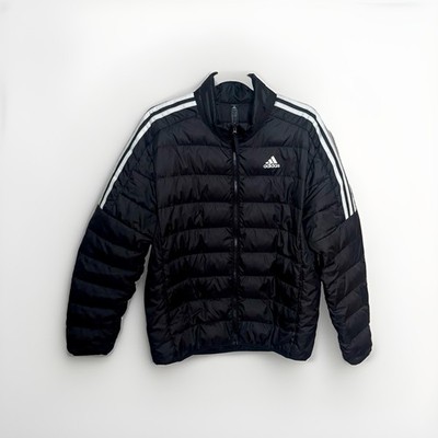 Adidas Men s Large Black Puffer Jacket Full Zip Quilted 3-Stripe Coat