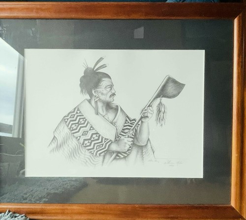 Framed MAORI Warrior Man Etching With Tattoo Holding Taiaha By William Mahon ? - Picture 3 of 16