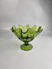 Vtg L.E. Smith Green Glass Footed Compote Handkerchief Ruffle Pedestal Bowl Vase
