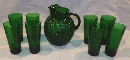 Vintage Anchor Hocking Lido Milano Green Glass Pitcher 8 Tumblers Set