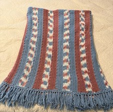 Vintage Handmade Crocheted Blanket Afghan Throw Fringe Blue Rose White 72x49 in