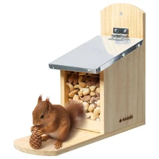 Squirrel Feeder for Outdoors - Pine Wood House with Metal Roof for Squirrels