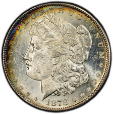 Dólar Morgan 1878-S graduación profesional MS62 con tonificación de media luna arco iris y campos casi PL Obv