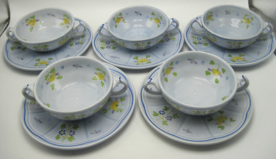 5 Longchamp France Printemps Paint a la Main Faience Cream Soup Bowls & Saucers