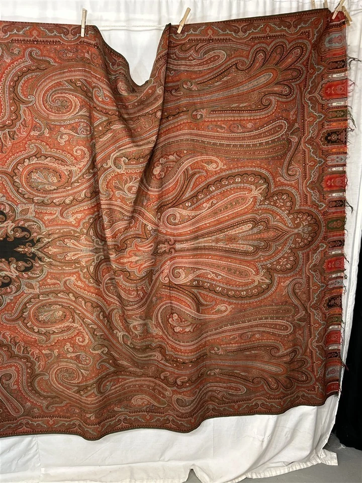 antique paisley woven wool large 65x133 black center hand made 19th c 1800s - Image 2 of 4