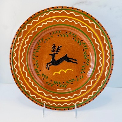   Redware Leaping Stag Plate 12  Folk Art Rim Plate NOS