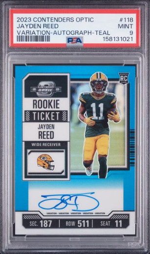Jayden Reed 2023 Contenders Optic Teal Auto Variation Rookie RC #118 Mint PSA 9