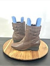 Next Women Brown Leather Ankle Boots UK Size 8 EU 42 Side Zip & Buckle Wide Fit