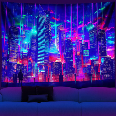 City Blacklight Anime Tapestry, Futuristic Neon Night City Wall Decor 59x51in