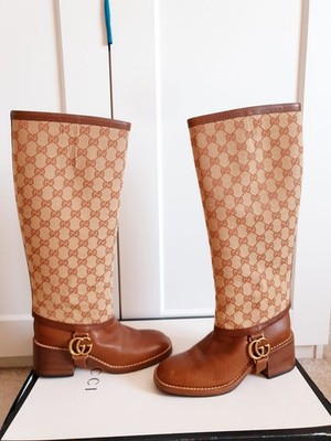 Gucci GG Supreme Guccissima Removable GAITER Brown Leather Bee Boots UK 4 EU 37