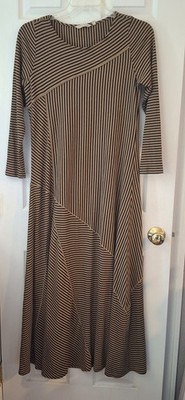 Soft Surroundings Ryley Maxi Dress Ribbed Tan Black Striped Stretch Womens Sz M 