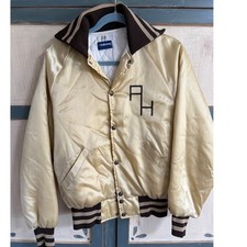 Vintage Holloway Varsity Bomber Jacket Gold Satin Quilted Made in USA Mens M AH