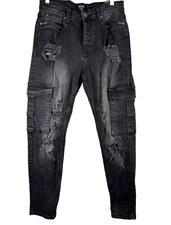 BooHoo Man Men Black Wash Denim Distressed Cargo Jeans Size 32S ButtonFly PreOwn