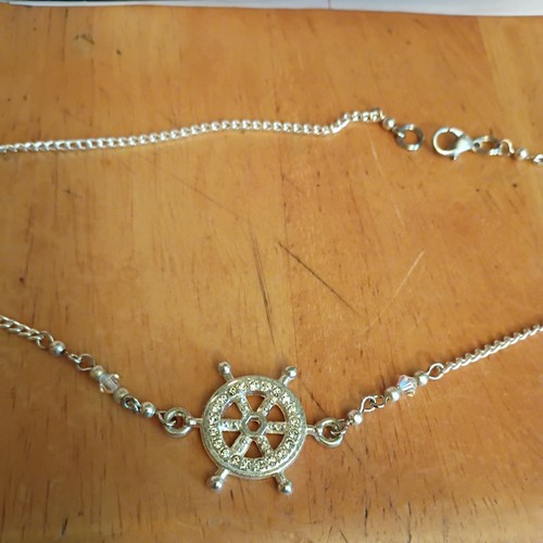 19 Inch Curb Link Chain with Silver Nautical Ship Wheel Pendant And Gemstones