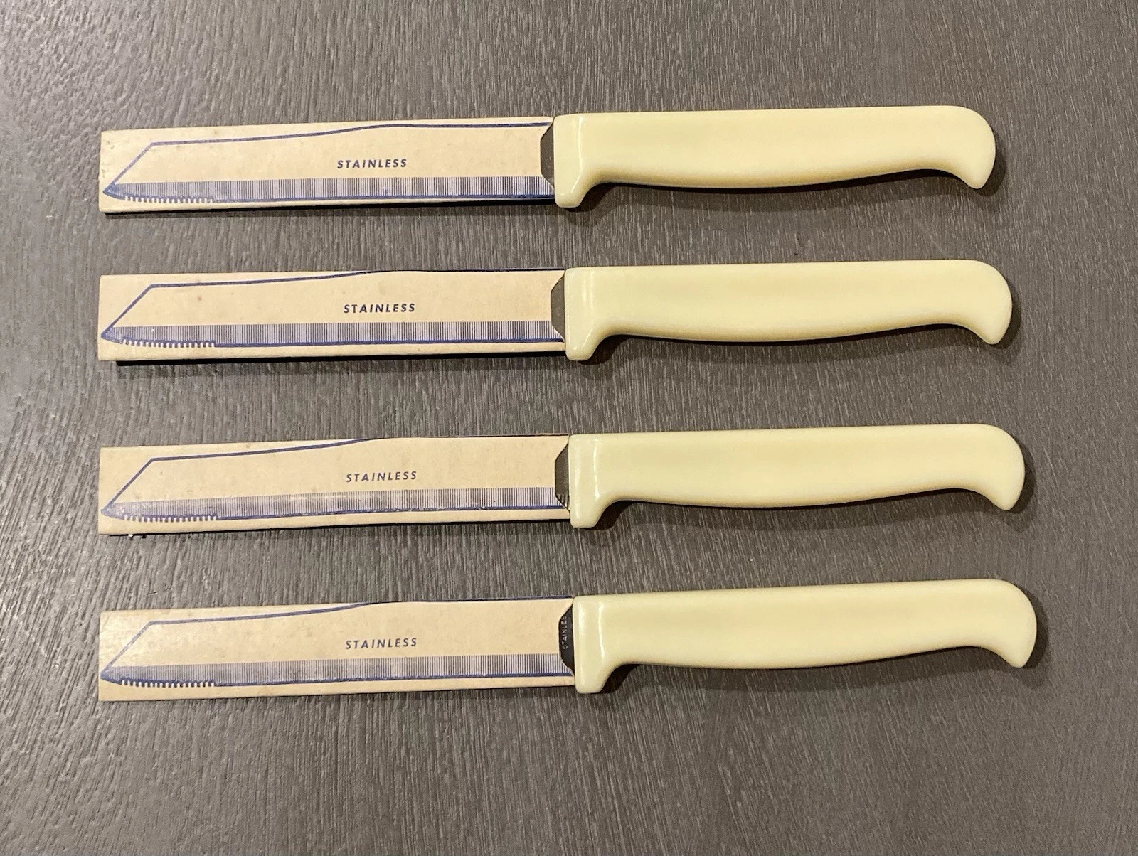 Vintage Quikut Kitchen Knife Lot of 4 -Stainless Steel Ivory Handle Serrated Tip