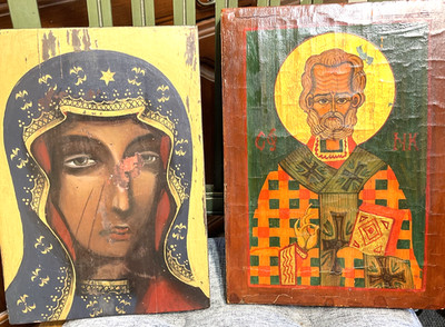 Religious Icon Painting Lot Mary Madonna St Nicholas Damaged Need Repair 2Pc