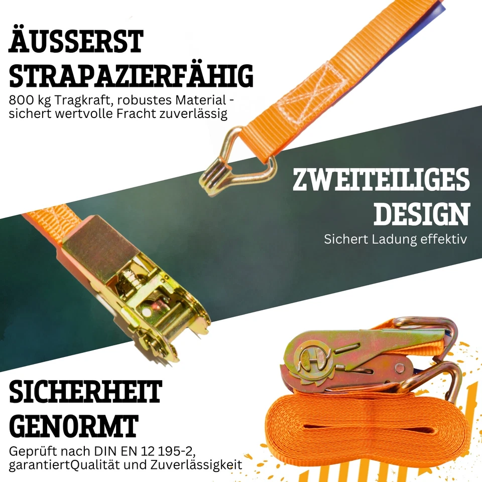 Spanngurt zweiteilig 6m lang 25mm breit 800 Kg daN Orange Zurrgurt Spanngurte - Bild 4 von 4