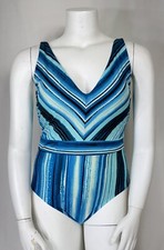 JANTZEN Women's 16 One-Piece Swimsuit Aqua Blue Black White Striped EUC