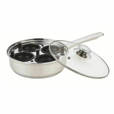 EDELSTAHL 4 TASSEN EIERPOCHIERER KESSEL PFANNE MIT GLASDECKEL 18 CM ABNEHMBARER BECHER