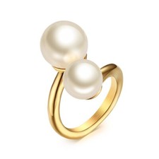 3mm AAA White Pearl Rings Women's 18K Gold Plating Stainless Steel Band Sz 7/8/9