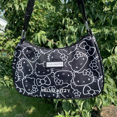 Hello Kitty Black Handbag Purse White Head Toss Design Hobo Shoulder Bag  